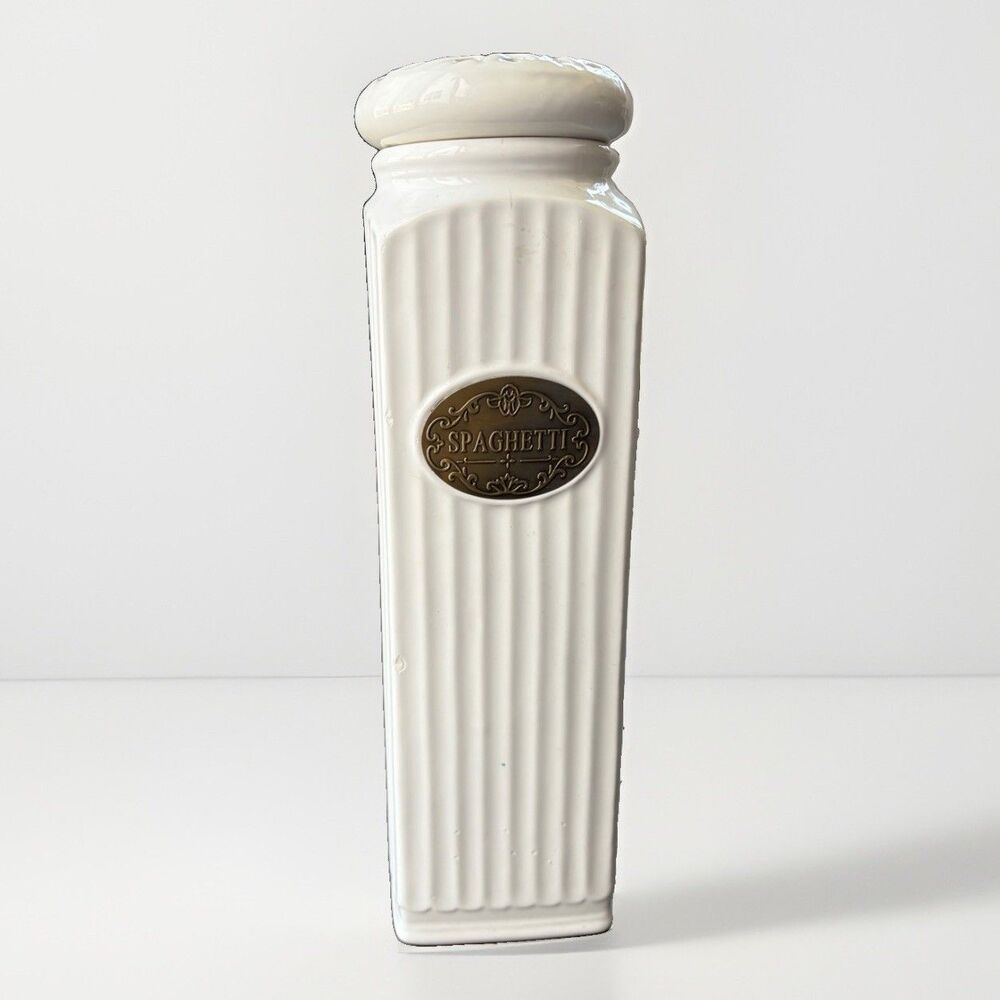 THL White Ceramic Spaghetti Canister Farmhouse Ribbed Jar Bronze Label Lace Lid